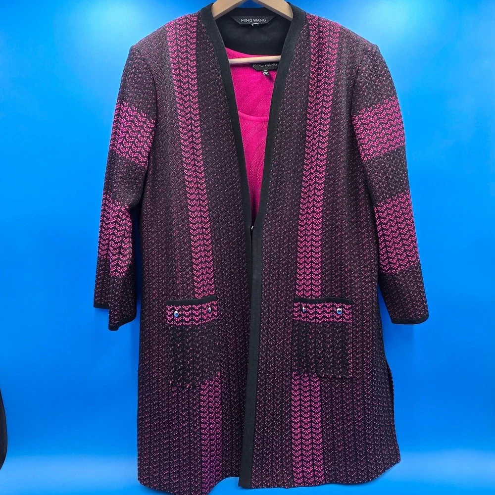 Ming Wang 2-Pc Twin Set Knit Cardigan Jacket & Tank Shell XL Pink Black - Picture 1 of 8
